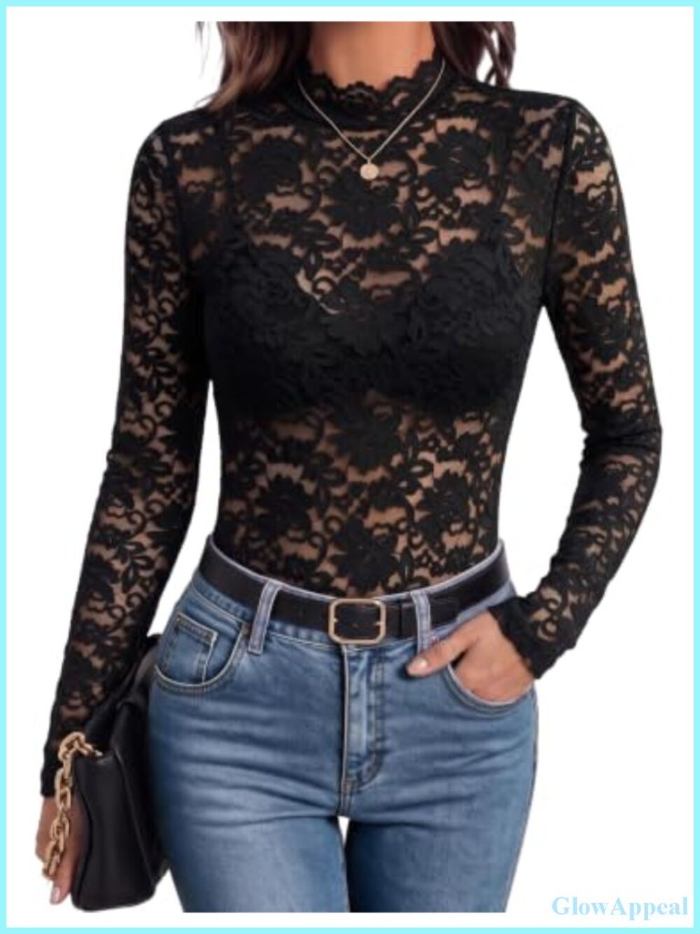 Women's Lace Mesh Sheer Long Sleeve Mock Neck Blouse
